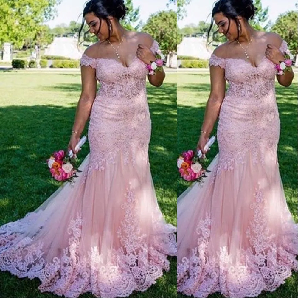 2021 Sexig Rosa Saudiarabien Prom Klänningar Av Skulder Dubai Mermaid Full Lace Appliques Illusion Aftonklänning Formell Party Gowns Custom Made Sweep Train