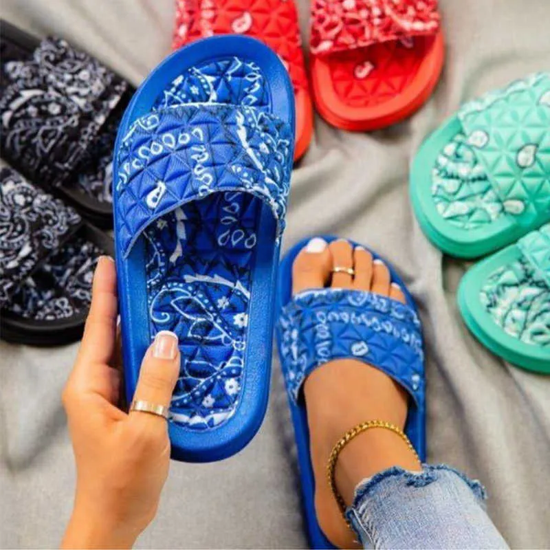 Mulheres comfy Bandana Slip-on Chinelos Senhoras Slides Interior Ao Ar Livre Flip-Flops Beach Shoes Verão Flip Flops Anti-Slip Calçado 210903