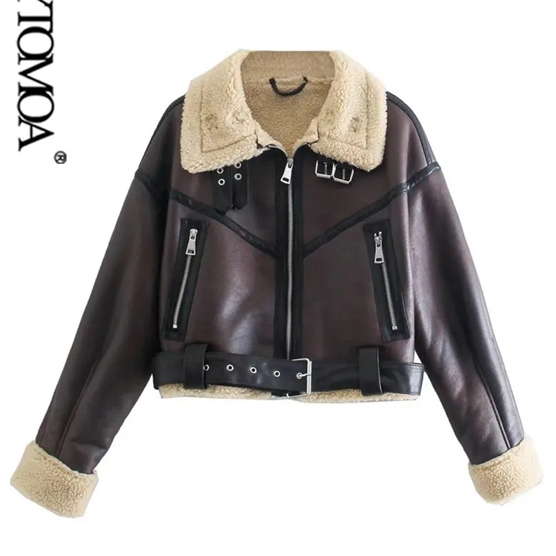 KPYTOMOA Women Fashion Thick Warm Faux Shearling Jacket Coat Vintage Long Sleeve Belt Hem Female Outerwear Chic Tops 211220