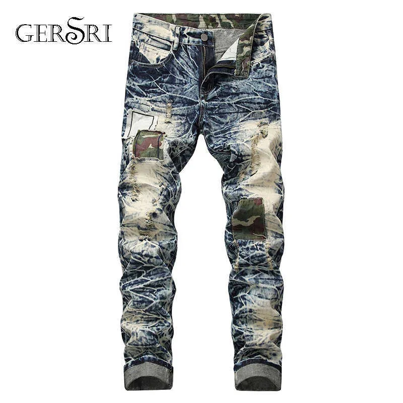 Gersri European American Style Famous Brand Mens Fashion Jeans Luxury Mäns Denim Trousers Hole Slim Straight Zipper Jeans Byxor X0621