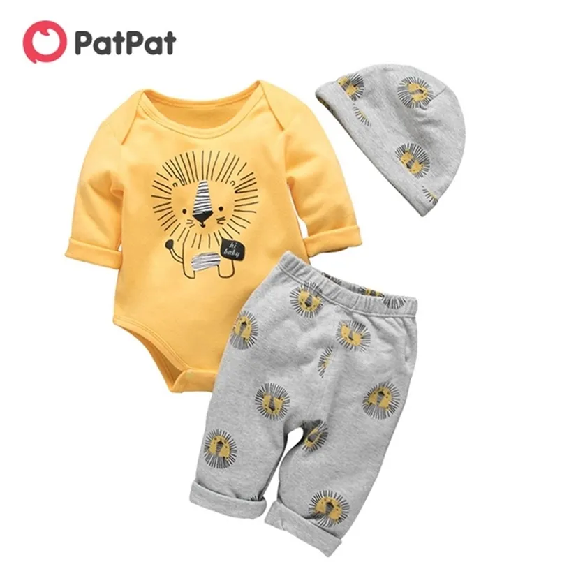 Bebe herfst en winter katoenen leeuw casual 3 stuks set babyjongen leuke bodysuit broek hoed pak peuter kleding 210528