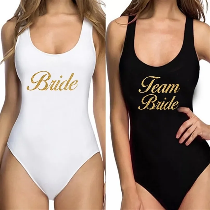 Swimwear Mulheres Swimsuit Team Bride Glitter Gold Impressão Banheira Monokini Bodysuit Bachelor Party 210702
