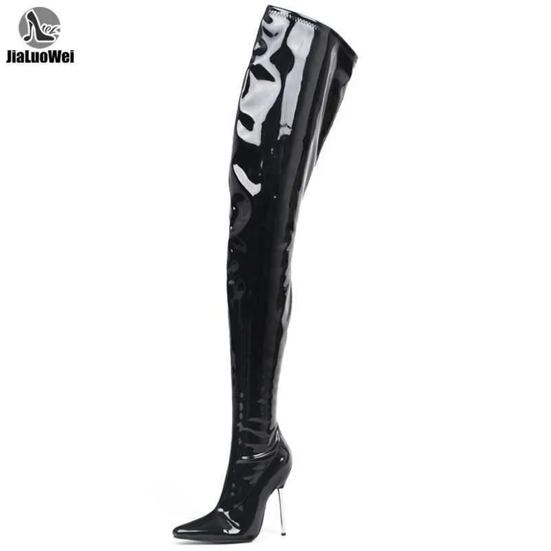 Stivali al cavallo Stivali alti alla coscia sexy Fetish Stivali lunghi con tacco alto sopra il ginocchio Stivali da donna in pelle verniciata opaca lucida LJ200911