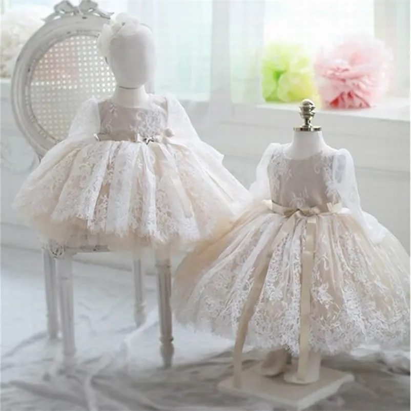 Dantel Çiçek Kız Parti Elbise Stil Şampanya Kabarık Balo Performans Akşam Çocuk Giysileri 1-10Y E36165 210610