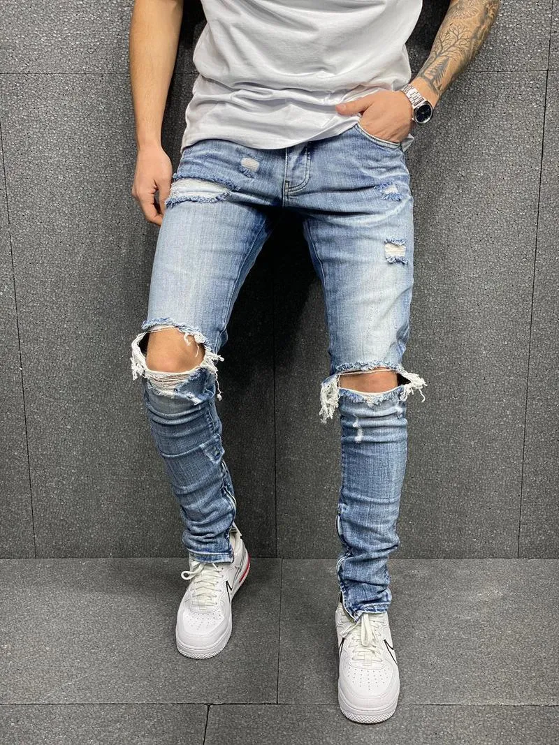 Jeans masculinos magro homens moda fácil correspondência elástica magro fit rasgado tendência legal streetwear calças diárias lápis casual