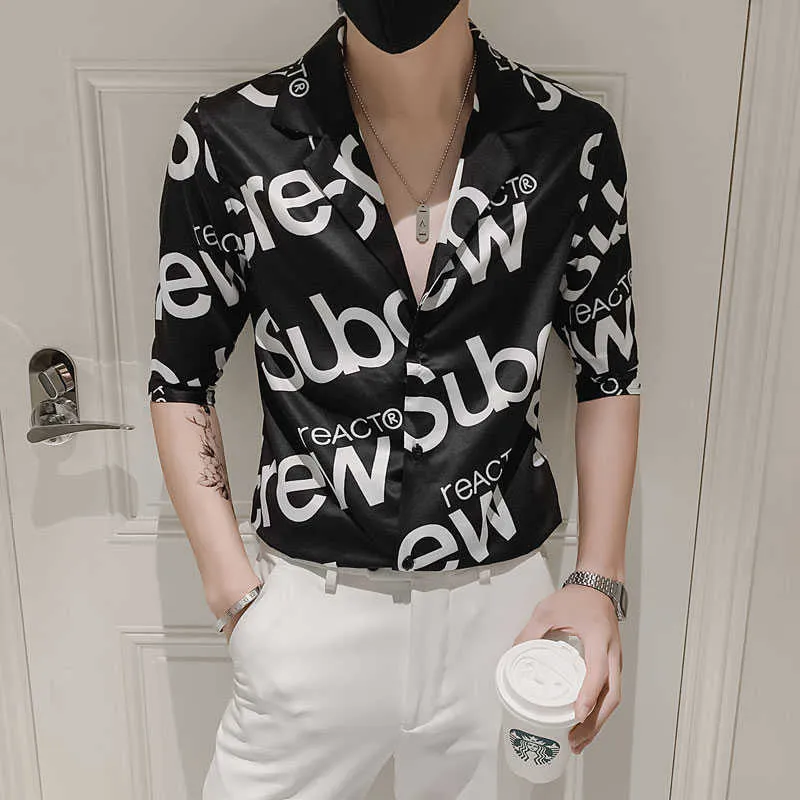 Summer Sexy Suit Collar Casual Shirts Men Short Sleeve Slim Streetwear Shirts Letter Printed Social Party Nightclub Male Clothes 210527