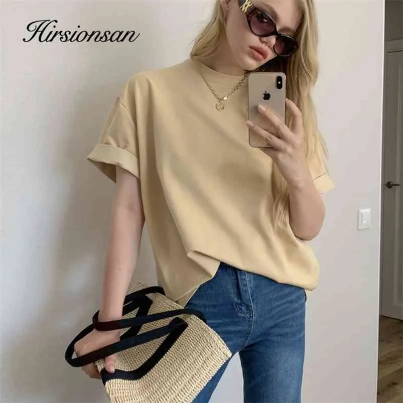 Hirsionsan Casual Cotton Basic T-Shirt Women Soft Oversized Solid Color Female Tees Harajuku Elegant Ladies Summer Tops Green 210623