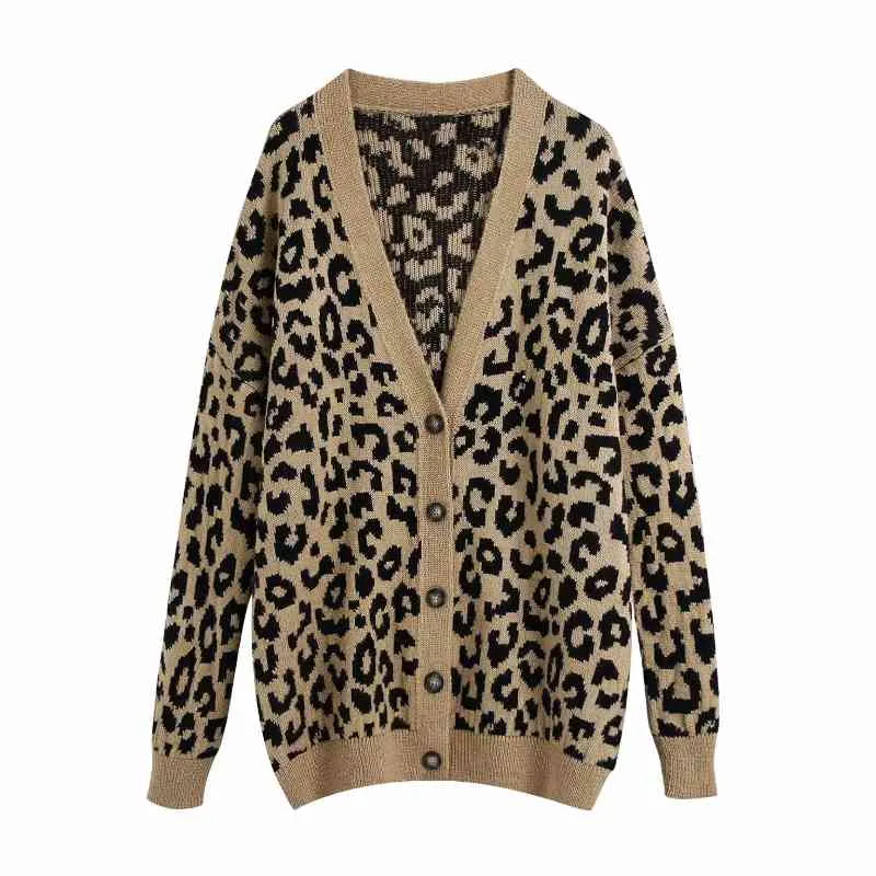 Kvinnor leopard print v nacke singel breasted stickning tröja kvinnlig långärmad pullover casual lady lösa toppar sw1131 210430
