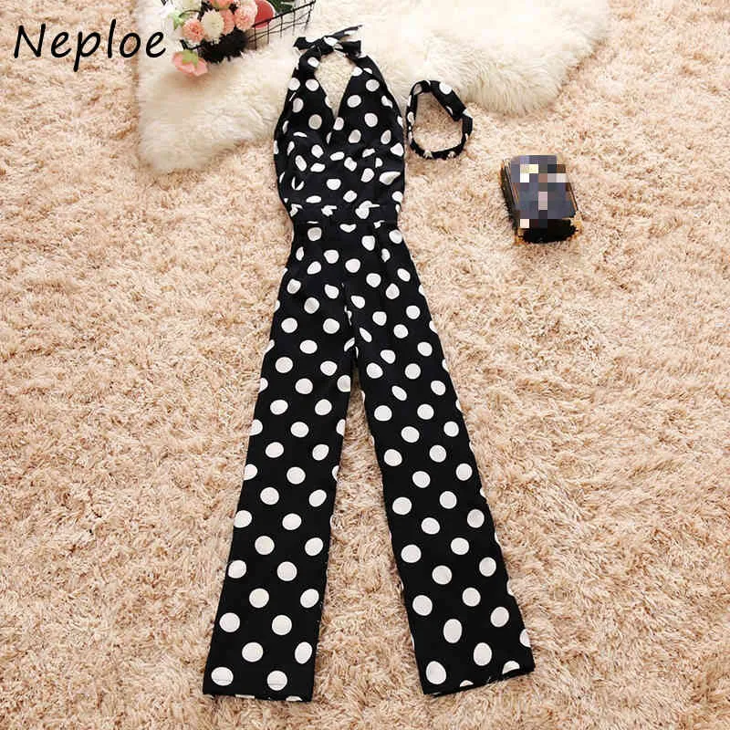 Neploe Tempérament Suspendu Cou Combinaison Femmes V Cou Sans Manches Hors Épaule Dot Body Été Mode Large Jambe Combishort 210423