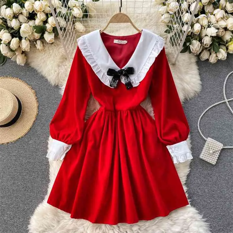 Frauen Mode Retro Gericht Rot A-Linie Kleid Frühling und Sommer Baby Kragen Langarm Slim Vestidos R384 210527