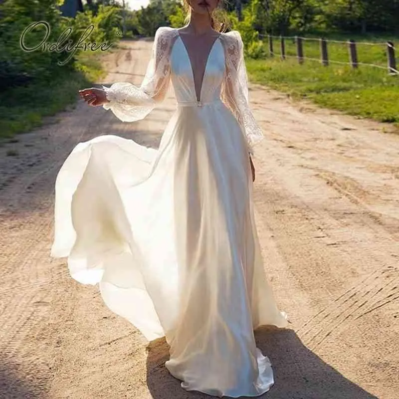 Summer Elegant Women Maxi Party Sleeve Deep V Neck Sexy White Lace Satin Long Dress 210415