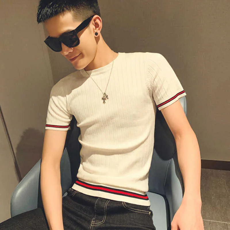 Fashion T Shirt Men Knitted Solid Color Short Sleeve O Neck Casual Tshirt Streetwear Male Clothing Summer Top Tees 210527