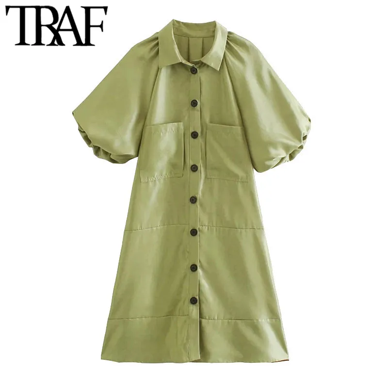 TRAF Kobiety Chic Moda Z Kieszenie Mini Dress Vintage Rękaw Puflowy Button Sukienki Vestidos Mujer 210415