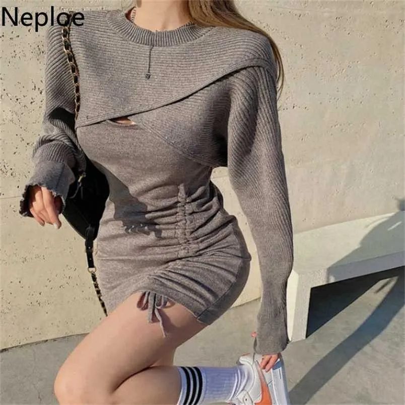 Neploe Korean Bodycon Dress For Women Knit Sweater Mini es Cloak Strapless Two Piece Vestidos Fashion Y2K Black Robe 220210