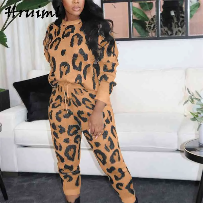 Loungewear Kvinnor Casual Loose Fashion Ankomst Leopard Two Piece Set Top And Pants Elastic Waist Drawstring Ubrania Damskie 210513