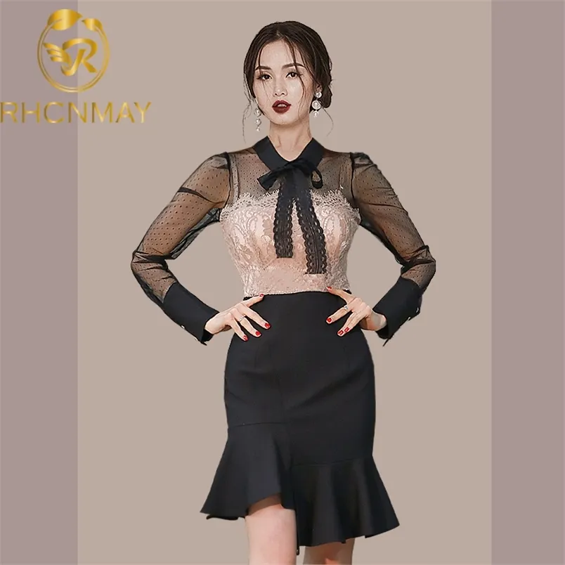 Elegante Sommer Koreanischen Stil Damen Mini Sexy Kleid Für Frauen Durchsichtig Mesh Patchwork Rüschen Bodycon Büro Kleidung 210506