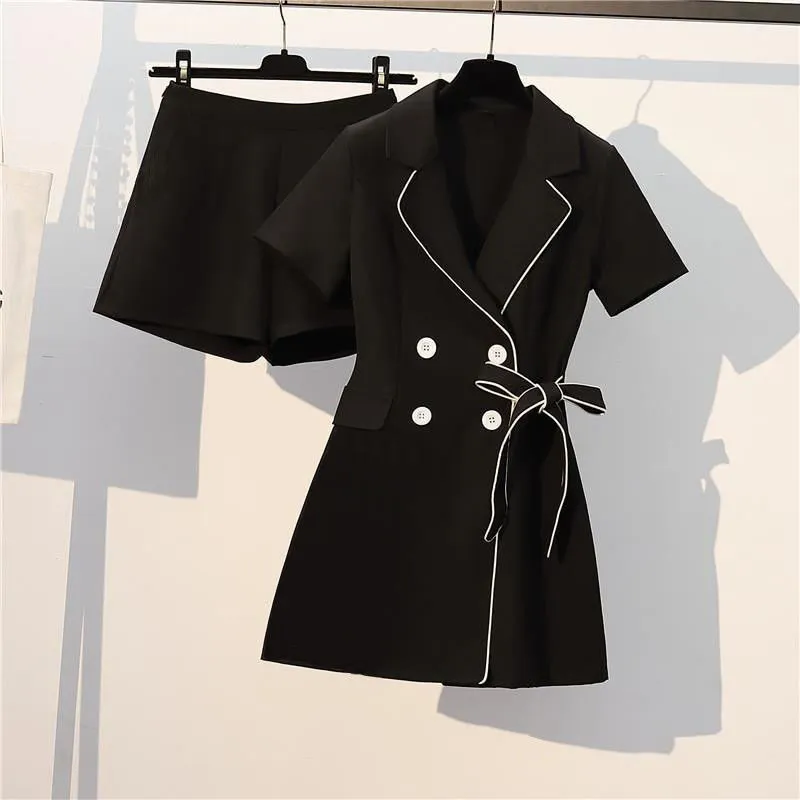 Two-Piece Suit Plus Size Lady Summer Slim Young Style Black Notched Collar Shirts Lace-Up Tight Waist Shorts Female Fashion Set X0428