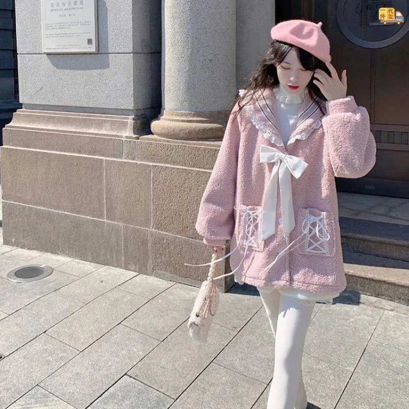 Kadın Yün Karışımları Anbenser Kadınlar Kış Kawaii Lolita Polar Ceket Sıcak Tatlı Sevimli Kuzu Ceket Cepler Kore Hoodie Hırka Palto