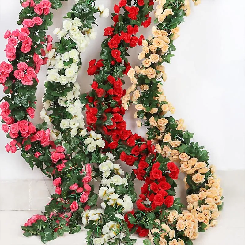 Decoratieve bloemen kransen 69 hoofd kunstmatige rose wijnstok opknoping zijde voor muur decor rotan nep planten verlaat garland bruiloft home decorat