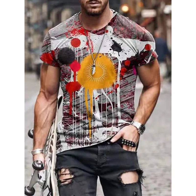 メンズTシャツファッションティートップス男性夏のトイートカジュアル抽象絵画プリント半袖Tシャツ男性服2021