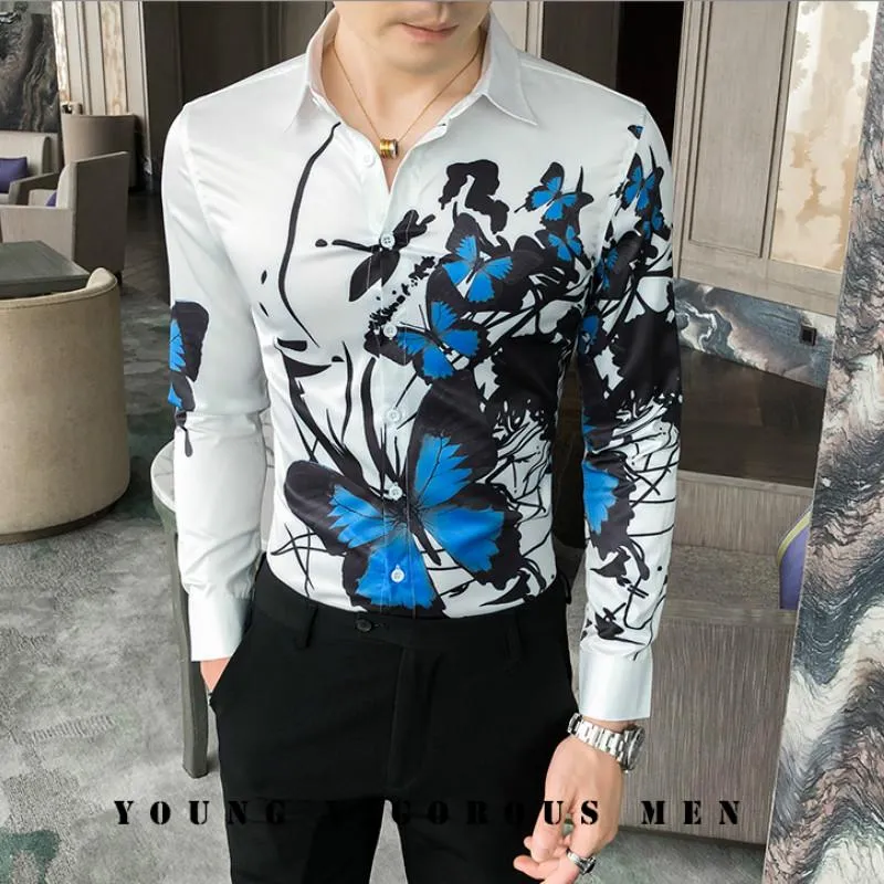 Chemises décontractées pour hommes imprimé papillon hommes mode à manches longues Slim Fit Camisas Hombre robe florale Streetwear discothèque Blouse