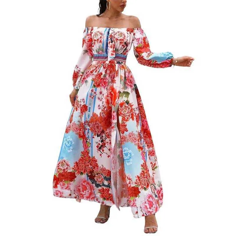 Vintage Print Temperament Slash Neck Ladies Evening Party Dress Polso Manica Grande Swing Fessura Lungo Donna Streetwear Abito elegante 210608