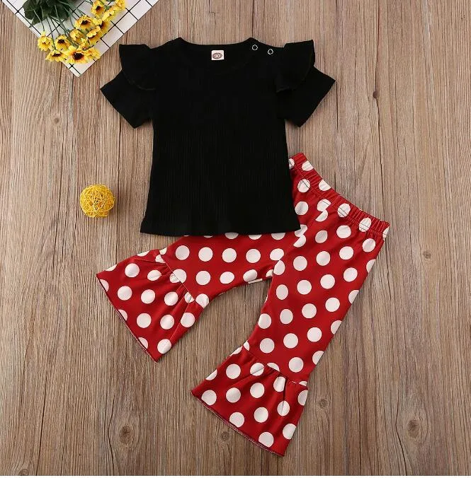 Toddler Baby Girl Clothing Sets Solid Color Short Sleeve T-Shirt Tops Polka Dot Print Bell-Bottoms Pants 2Pcs Outfits Clothes