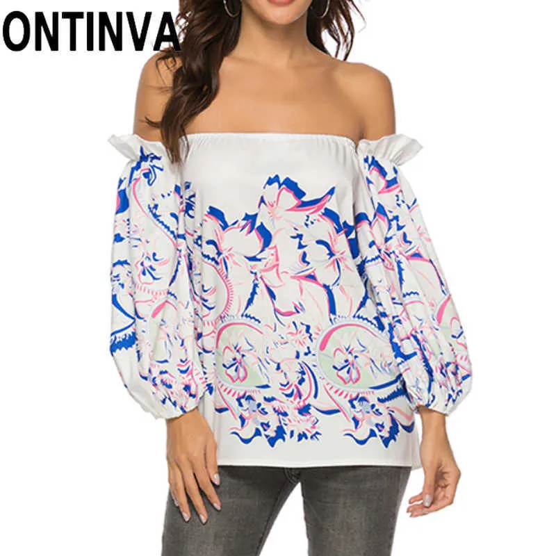 Opruiming Dames Off Shoulder Printed Blouses Tops Women Shirts Sexy Zomer Blusas Plus Size S M L XL XXL 210527