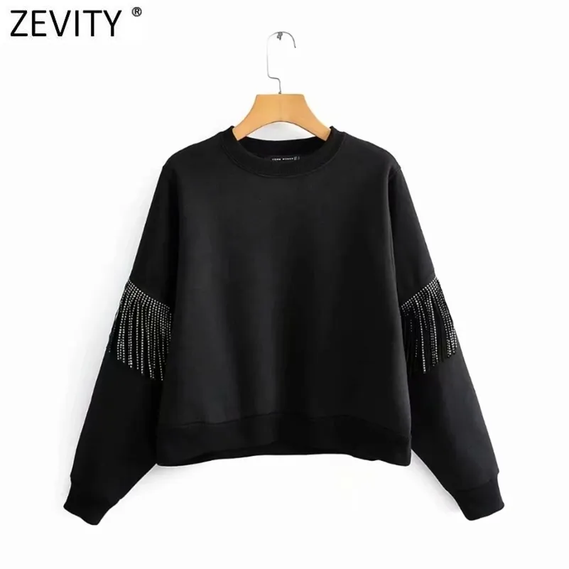 Women Casual Drilling Tassel Black Sweatshirts Female Basic O Neck Sequin Knitted Hoodies Chic Pullover Tops H530 210416