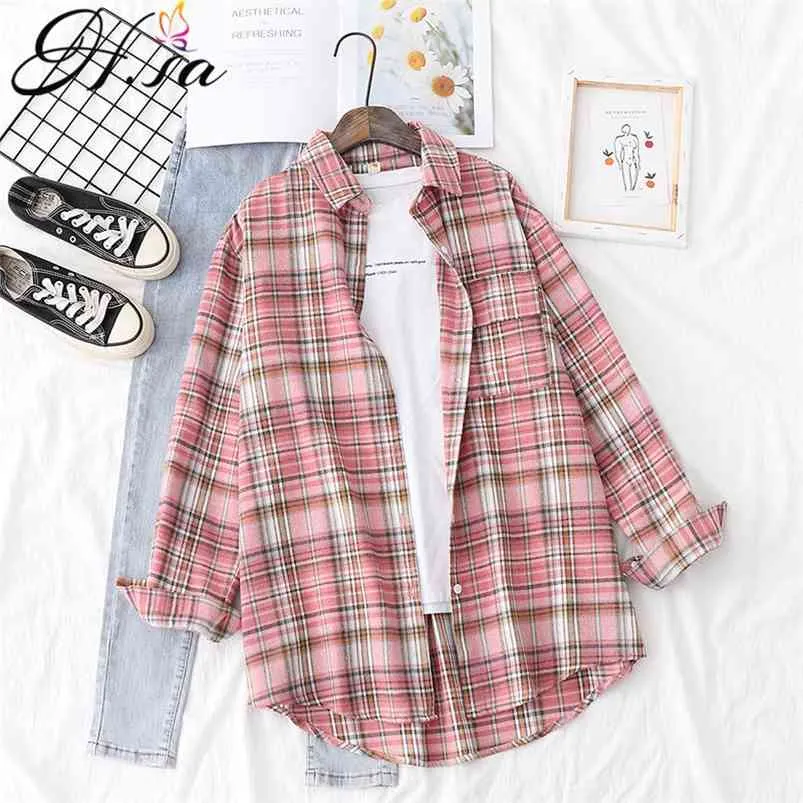 HSA plaidskjortor Kvinnor Toppar Rosa Blusar Långärmad Stora Bomull Damer Casual Blusas One Pocket Loose Kvinna Kollat ​​Shirt 210430