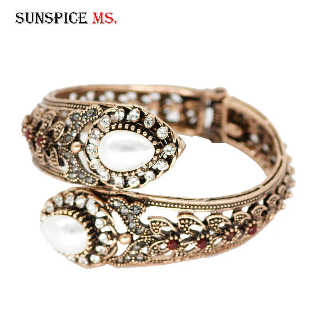 Sunspice-ms Retro Vintage Bangle Turkish Women Imitation Pearls Cuff Bracelet Antique Gold Color Ethnic Wedding Wrist Jewelry Q0719