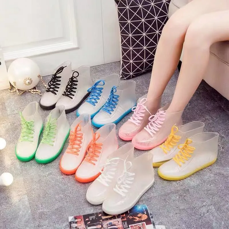 Women Rain Boots Jelly PVC rainshoes Gear Med Heels Shoes Woman 2021 Fashion Transparent Boot For student Platform Sewing Booties Solid wmq1010