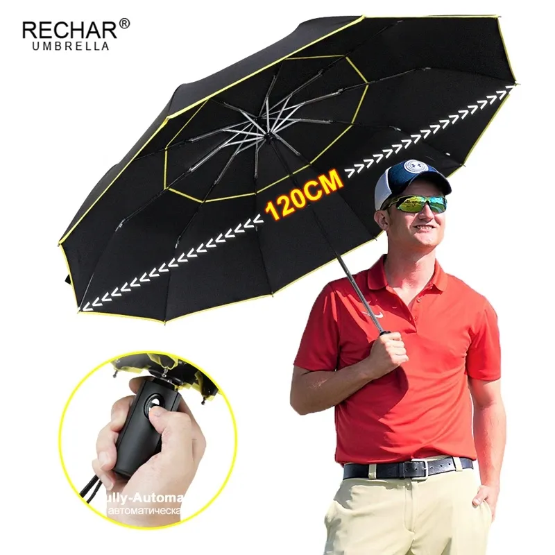 120 cm Otomatik Çift Katmanlı Büyük Şemsiye Yağmur Kadınlar 3 Folding Rüzgar Geçirmez Büyük Şemsiye Erkekler Için Famliy Seyahat İş Umbrellas 210401