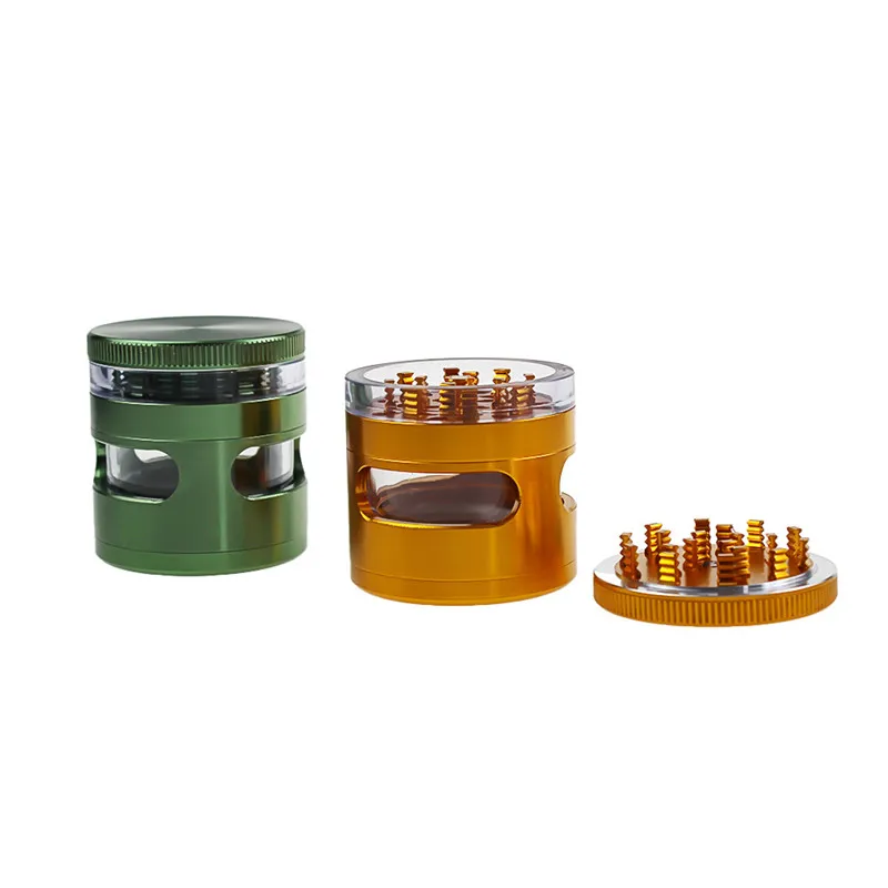 Nouvelle conception de fenêtre en verre Moulins à tabac en aluminium 63MM 4 pièces Spice Crank Metal Herb Grinder Plateau à rouler Papiers Accessoires