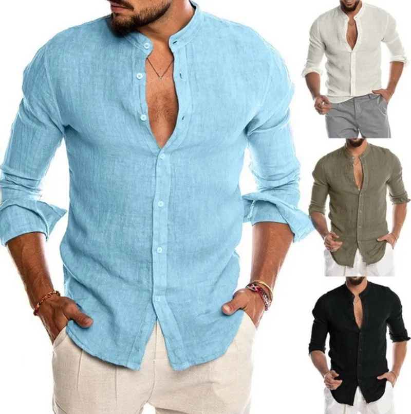 Casual Mens T Shirt Plus Size 3xl V-Neck Linne Cardigan Stand Collar Långärmad 2021