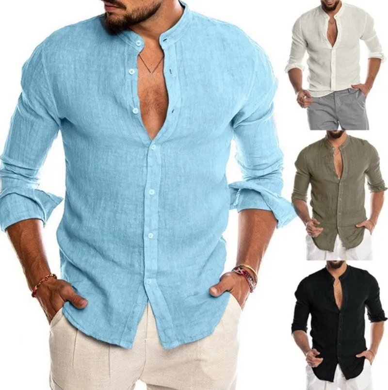 T-shirt décontracté pour hommes, grande taille 3XL, col en v, Cardigan en lin, col montant, manches longues, 2021