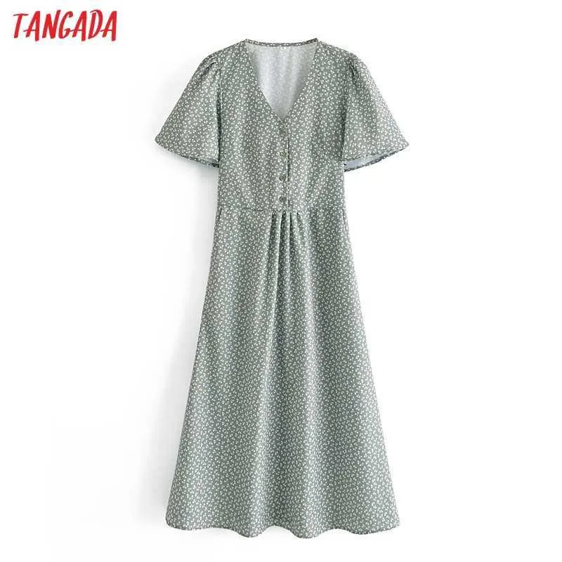 Tangada Summer Women Green Floral Print French Style Dress with Slash Short Sleeve Ladies Midi Dress Vestidos QN25 210609