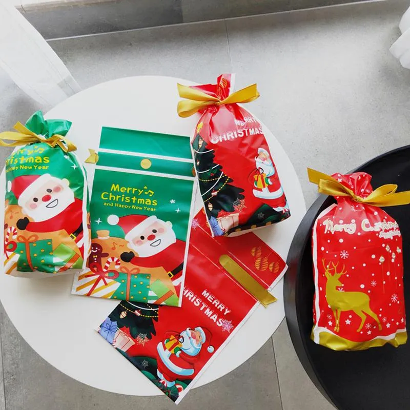 23.5*15cm Christmas Gift Wrap Candy  Drawstring Plastic Bag Xmas Tree Elk Party Presents Pouch Home Packaging Food Decor ZXFHP0575