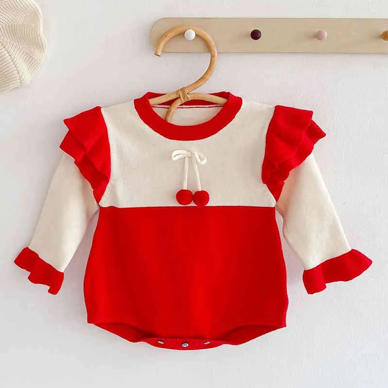 Born Baby Girls Girls Cherry Knit Rompers Vêtements Spring Automne Girl Girl Long Manche Vêtements 210429