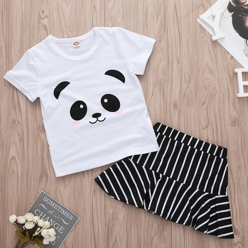 Baby tjejer kläder uppsättningar våren höst mode flicka outfits ren vit panda skriva ut kortärmad blus + kjol kostym barn barn kläder