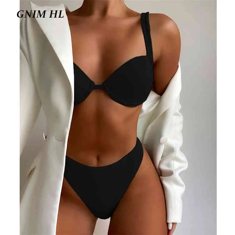 Gnim High Waist Bikini Badkläder Kvinnor Push Up 2021 Sexig Solid Backlswimsuit Kvinna 2 Pieces High Cut New Swim Bathing Suit X0522