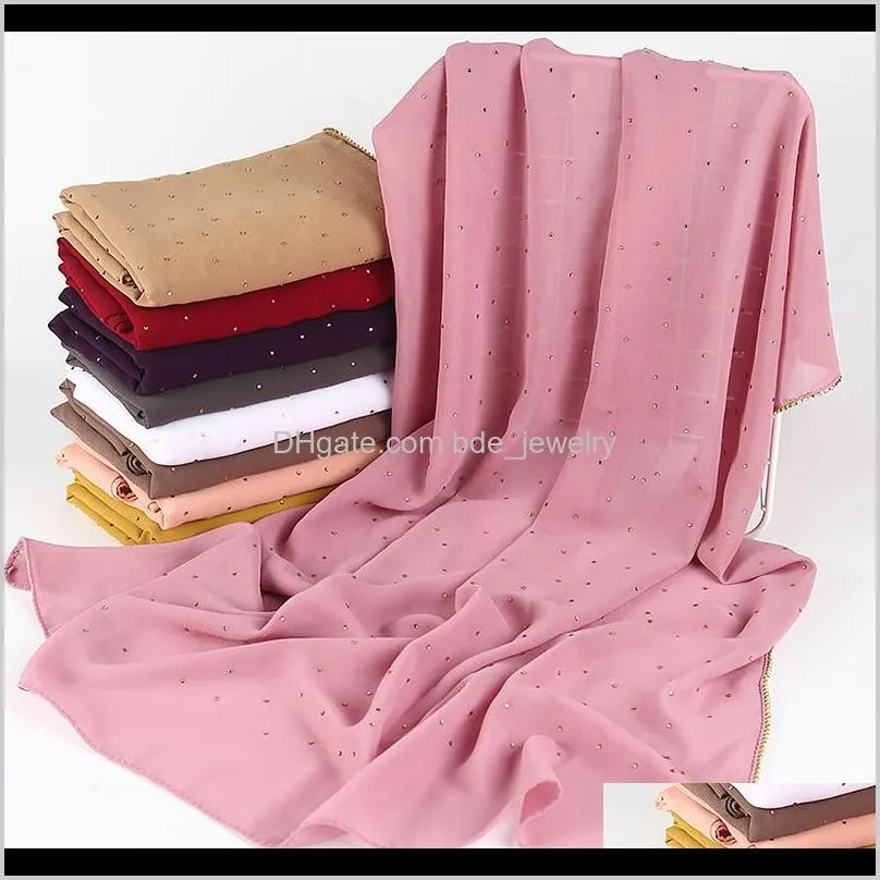 fashion women`s bubbles chiffon scarf with crystal studs pearls scarf plain hijab shawls wraps solid color muslim hijab