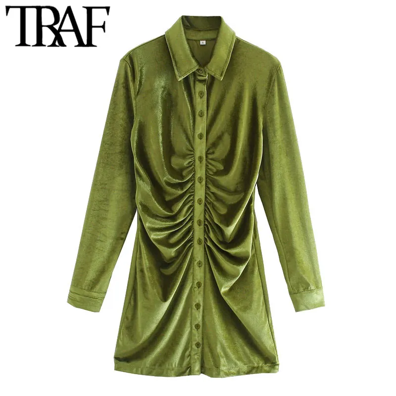 TRAF Women Chic Fashion Pleated Velvet Mini Dress Vintage Long Sleeve Button-up Female Dresses Vestidos Mujer 210415