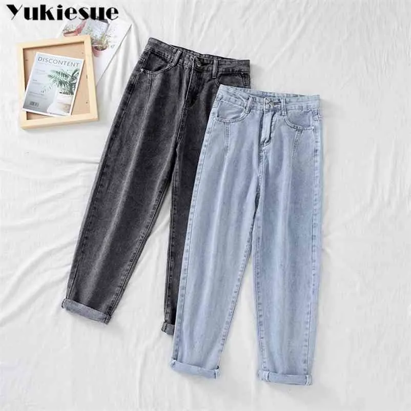 Hohe Taille Jeans Frauen Harem Hosen Lose Beiläufige Koreanische Mom Jean Vintage Weibliche Denim Hosen Plus Größe Pantalon Mit Gürtel 210730