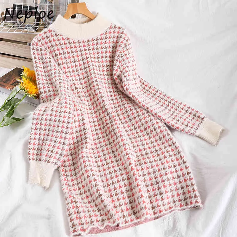 Neploe Casual Chic Plaid Panneaux Patchwork Tricoté Robe Doux O-cou Droite Vestidos Simple Tout-Allumette Femmes Robes 1J030 210423