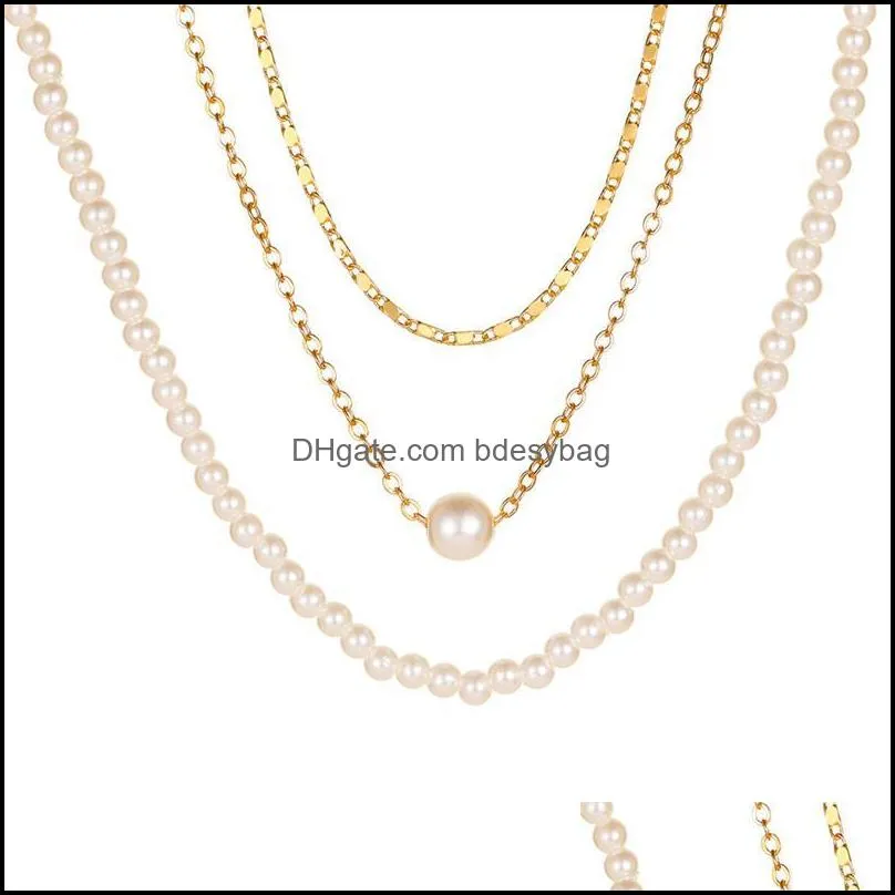 15pcs/Lot Europe Fashion Pearl Beaded Necklaces Multi Layer Women Alloy Clavicle Chain Three Layer Trend Pendant Necklaces Jewelry