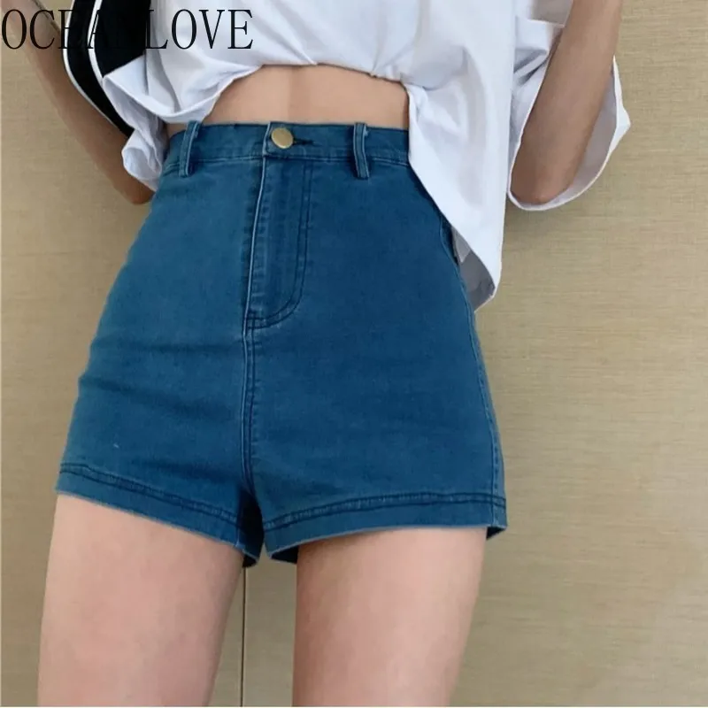 Джинсовые короткие джинсы женщины Корейский модный элегантный темперамент Муджер Pantalones Сплошная высокая талия Super Stratchy Blacky 210415