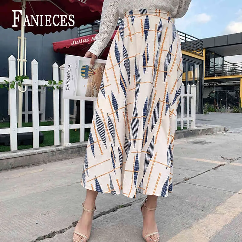 Elegant geometriska tryck Midi kjolar Kvinnor Elasticated Waist Long Wrap Kjol Kvinna Sommar Höst Ol Lady Jupe Femme 210520