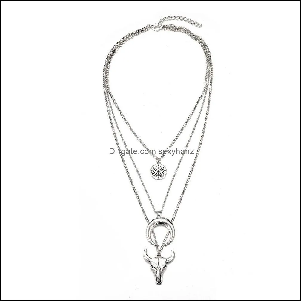 S1566 Hot Fashion Jewelry Multi-layer Necklace Metallic Ox Horn Eye Moon Pendant Chain Necklace