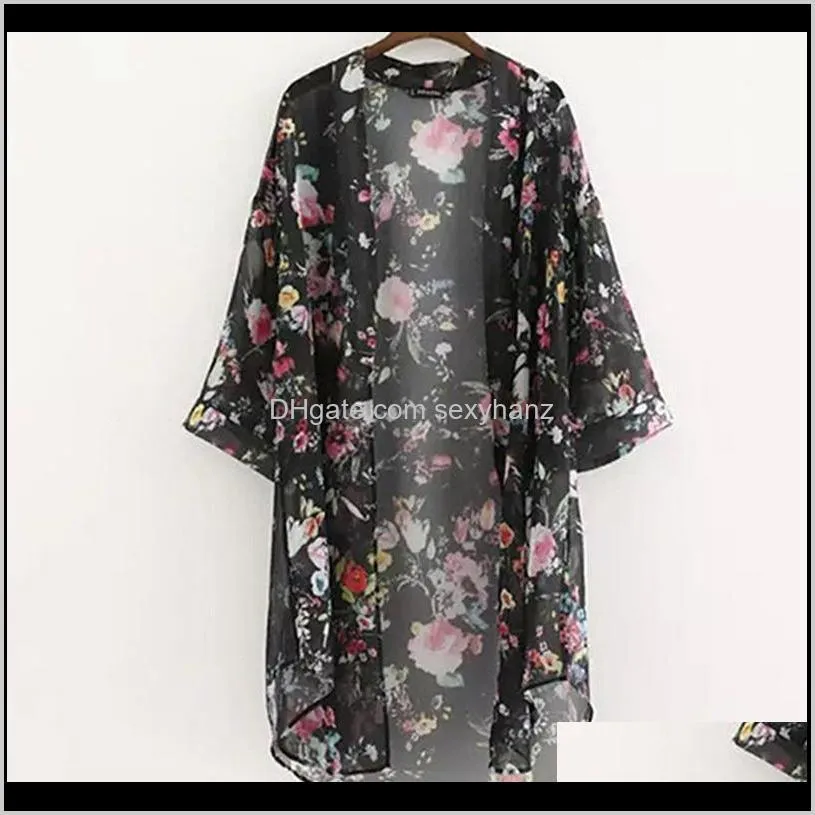 kimono cardigan women vintage floral chiffon shirts loose shawl boho tops long sunscreen jacket blouse1